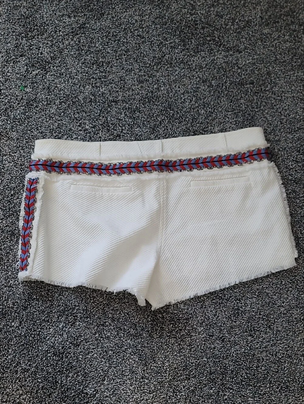 Rebecca Minkoff White High-Waist Shorts with Red & Blue Braided Trim